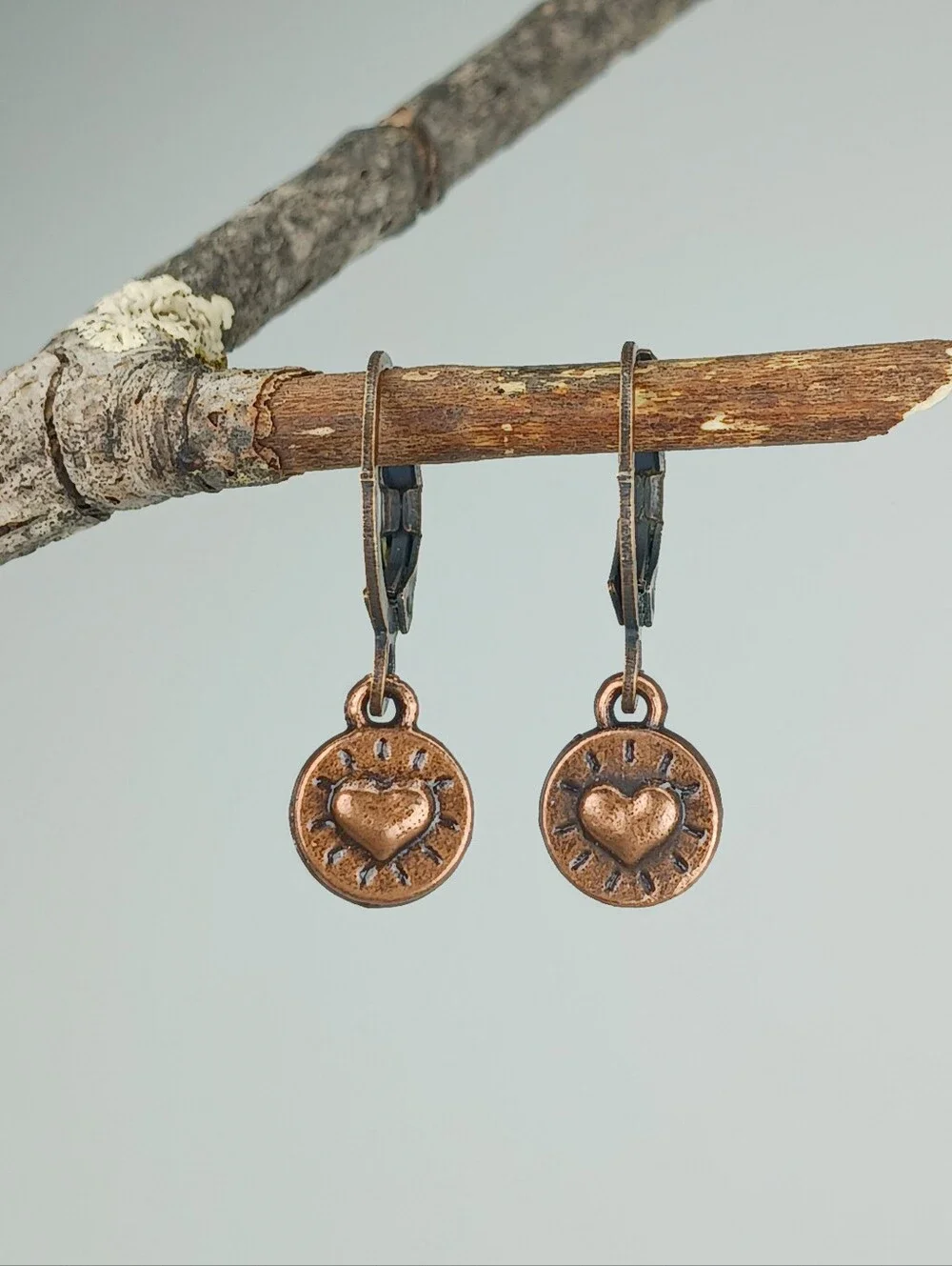 Antique Copper Heart Earrings Rustic Folk Art Artisan Jewelry Hand Crafted